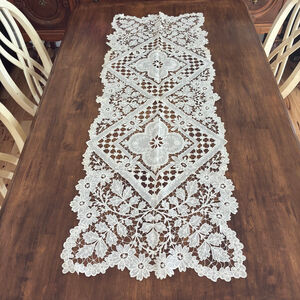 Vintage Lace Table Runner Ivory Floral Embroidered Lace 52” x 18” Cottagecore